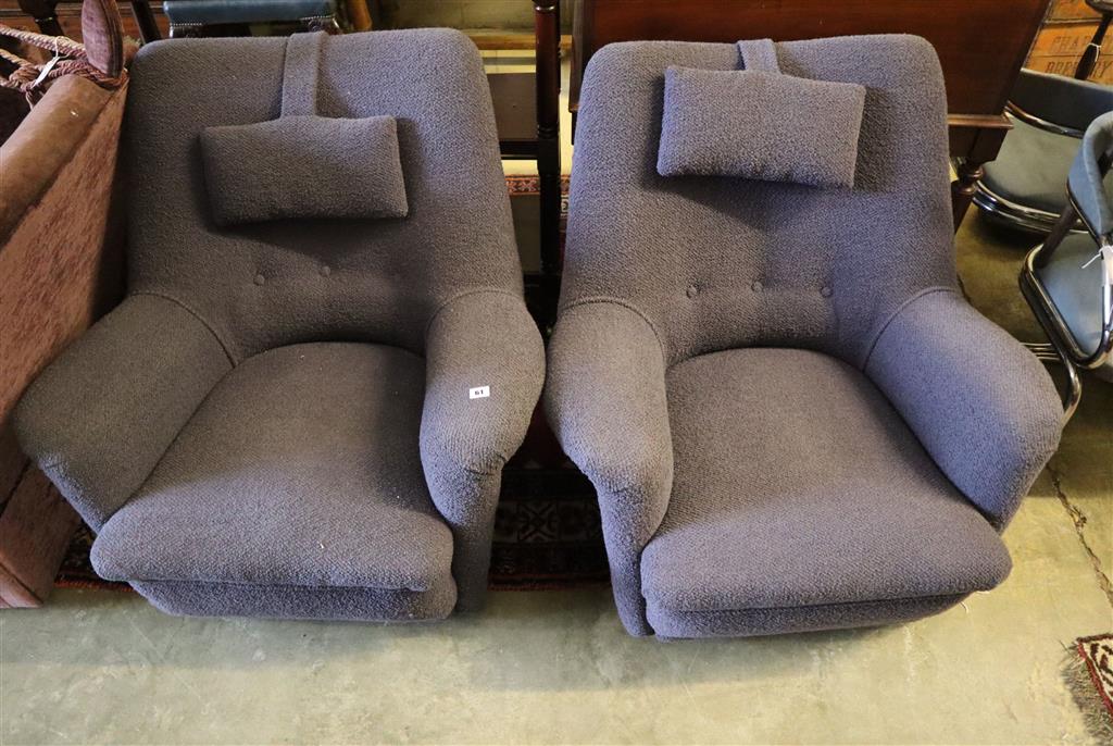 A pair of Ernest Race Dormouse chairs, original mauve fabric upholstery